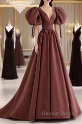 A-Line Brown Satin Ball Gown Short Sleeves Long Party Dresses V-Neckline Prom Dresses
